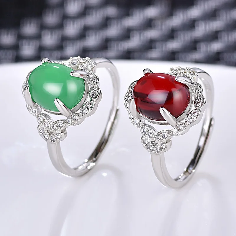 Antique Wedding Band Silver Ring Female Adjustable Rings For Women Fashion Jewel Red and Green Color Natural Stone Rings  (1)