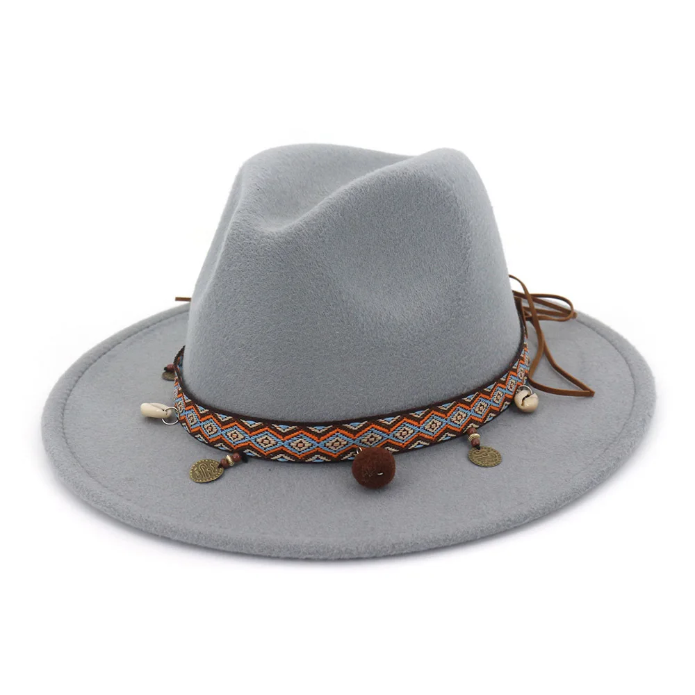 

Retro Women Wool Western Cowboy Hat Roll-up Wide Brim Cowgirl Jazz Equestrian Sombrero Cap With National Style Ribbon AD0855