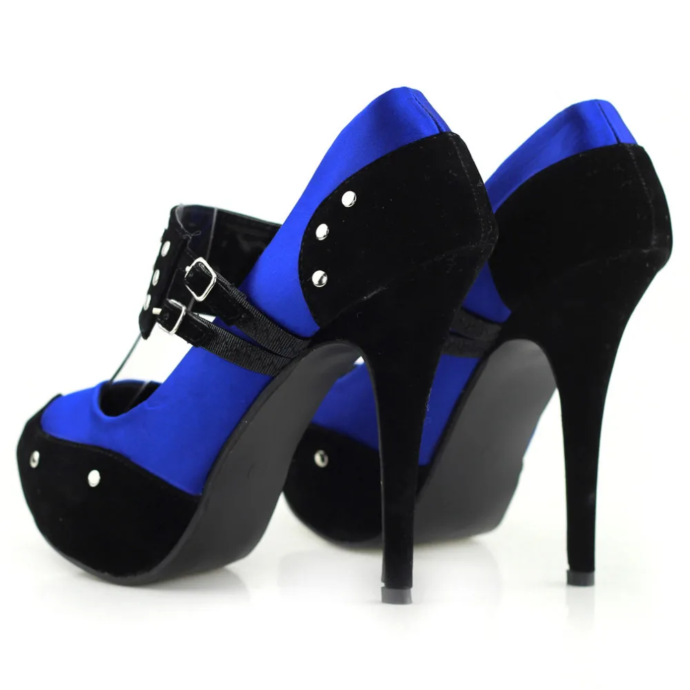 LF30438 Ladies Satin Black Suede Ankle Strap Stud Buckle Platform EVE Shoes