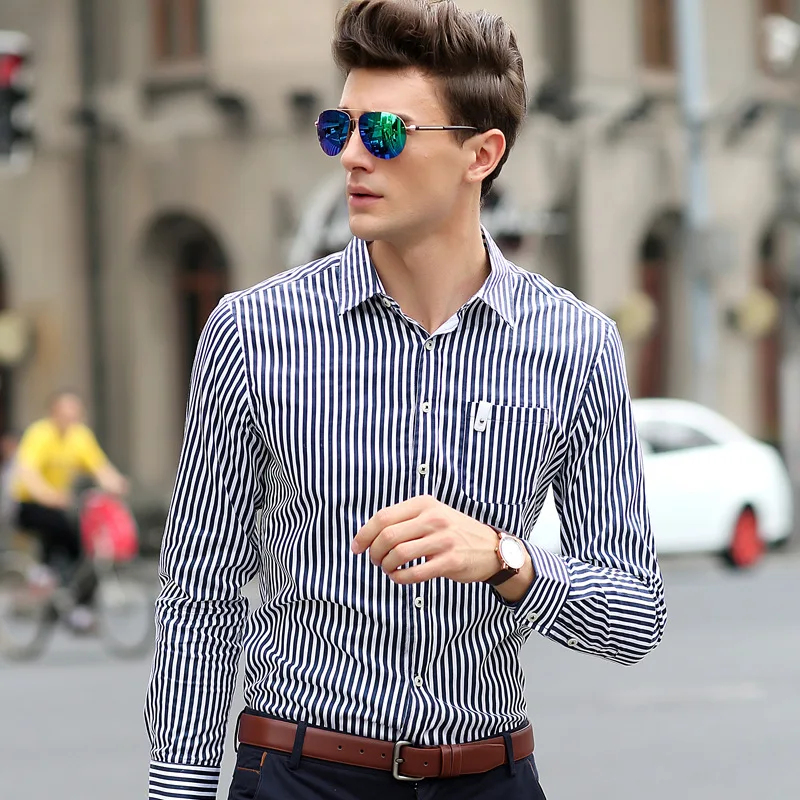 Striped Long Sleeve Shirts Mens Casual Oxford Button Shirt Slim Fit Legendary Smart Formal Winter Fashion 