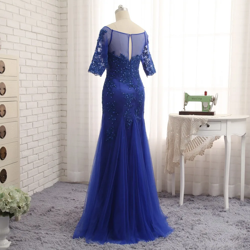 Королевское синее платье для мамы размера плюс, платье-Русалка для невесты, Тюлевое вечернее платье с короткими рукавами и бисером, платья для мам на свадьбу