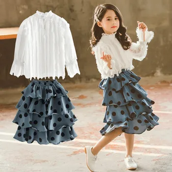 

2019 Summer Spring Teen Kids Clothes Sets for Girls 8 10 12 14 Years Back To School Outfit Sets Ruffles Shirts+Polka Skirts Sets