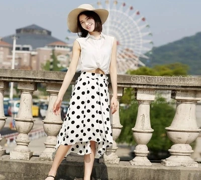 Летний стиль Для женщин ретро элегантный плюс Размеры 3xl-8xl нерегулярные горошек печати шифон Высокая Низкая юбка дамы Асимметричные юбки - Цвет: White