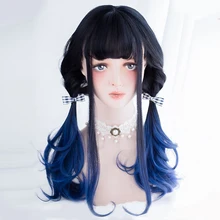 Косплей салон Лолита Харадзюку 55 см длинные волнистые женские черные смешанные синие Омбре челки Леди Синтетический косплей парик Хэллоуин