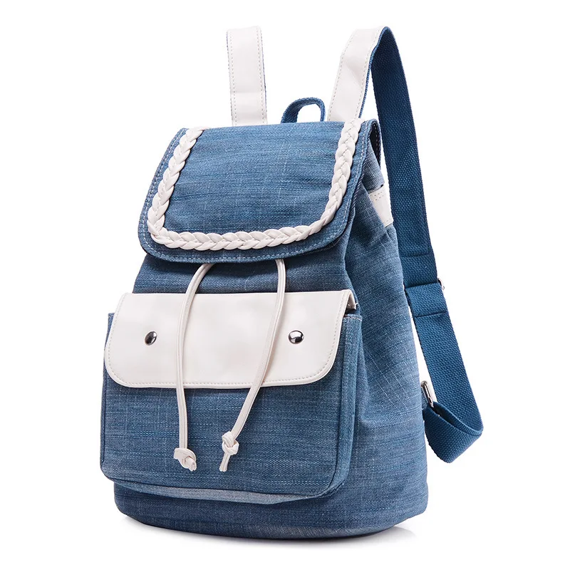 

2016 New Washed Denim Pocket Women Shoulder Bags Drawstring Girl Backpack Retro Style School Bag Freeshipping