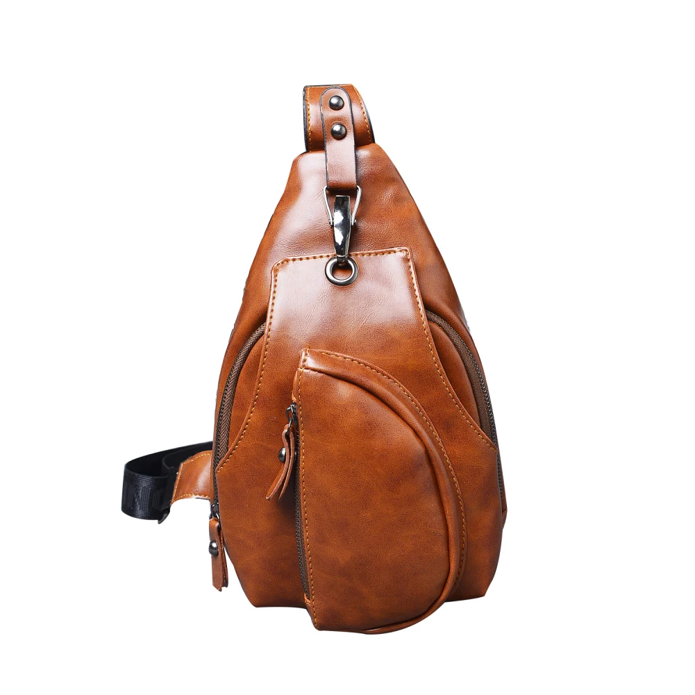 

2020 Zipper Closure Soft Adjustable Strap Vintage Men Faux Leather Zipper Crossbody Chest Sling Bag with Adjustable Strap