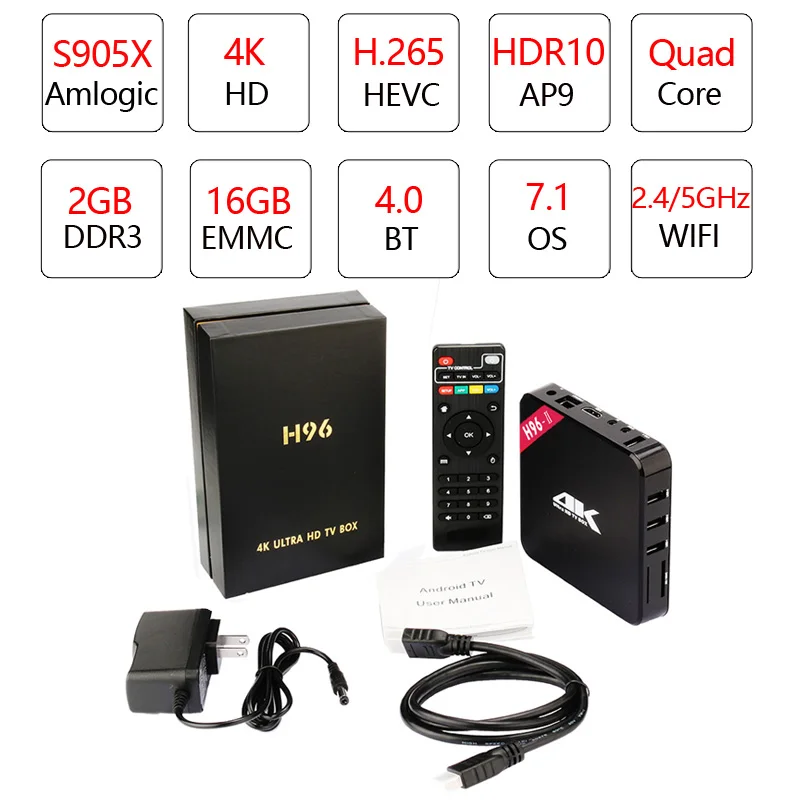 H96 II 4K Amlogic S905X четырехъядерный Android 7 1 ТВ приставка 2 Гб 16 4G/5 0 ГГц Wifi HD Смарт IPTV