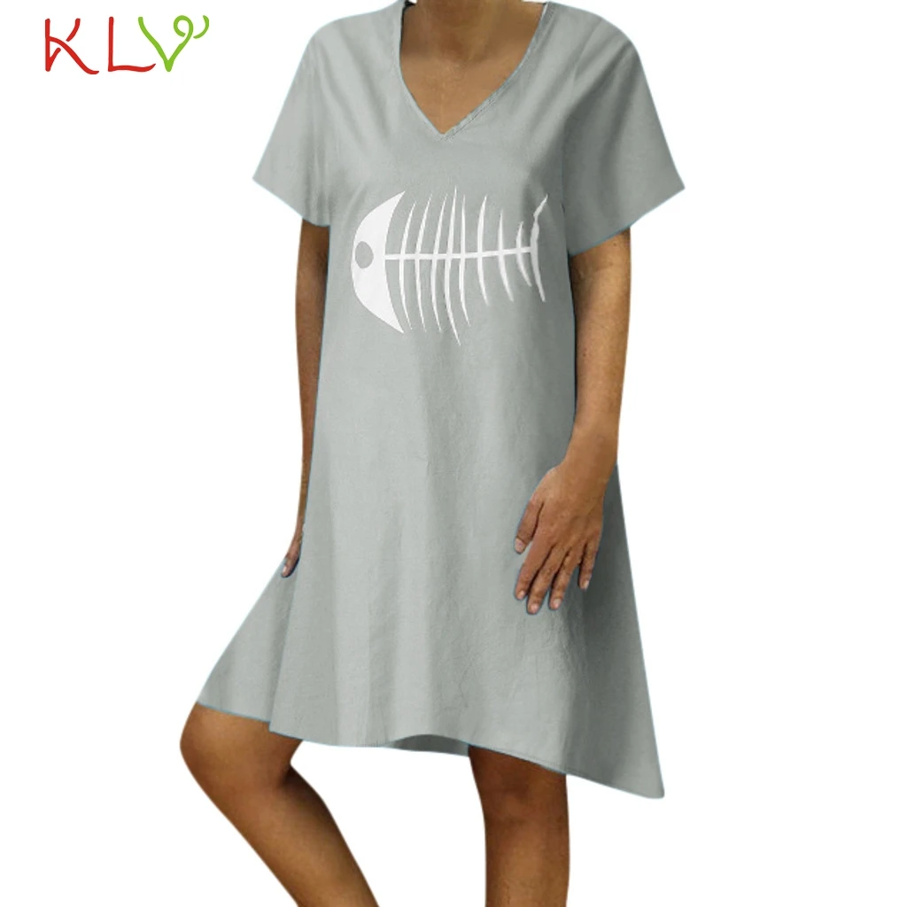

Dress Women Linen strand jurkjes Fish Bone Print Elegant Summer Dress Beach Plus Size Party Night 2019 Vestidos Robe Femme 19Jun