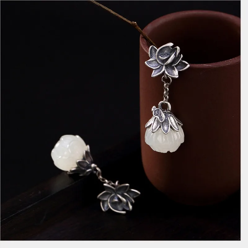 Настоящие 925 этнические тайские серебряные серьги цветок лотоса модные китайские шикарные нефритовые серьги в виде лотоса драгоценные камни ювелирные изделия для женщин