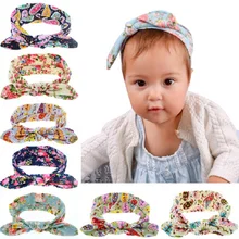 Naturalwell Baby Infant Girls Flower Print Headbands Children Cute Rabbit Ear Headwraps Baby Bow kont hair Accessories HB021