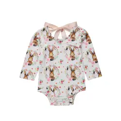 Симпатичные новорожденных для маленьких девочек кролик цветочный комбинезон с длинными рукавами комбинезон с бантом ленты наряды