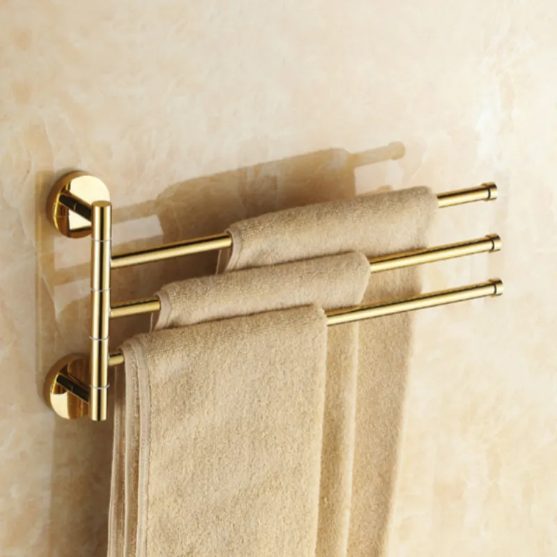 

European Style Gold Solid Brass Towel Rack Movbeble Towel Bars 3 Arms Wall Mounted Chrome Finish Towel Bars 180 Degree Towel Bar