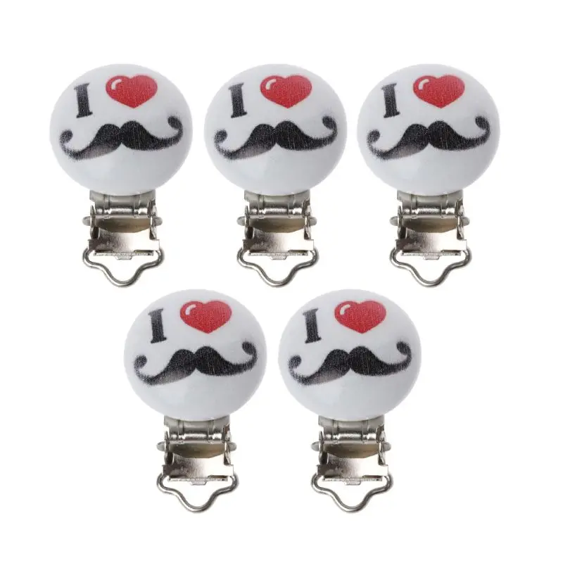 

OOTDTY 5PCS/Lot Metal Wooden Baby Pacifier Clip Round Cute Mustache Pattern 4.4cm x 3cm