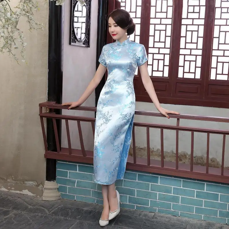 Черный, красный китайское традиционное платье Для женщин Cheongsam Qipao летние шорты рукавом длинное платье цветок размеры S M L XL XXL 3XL 020204