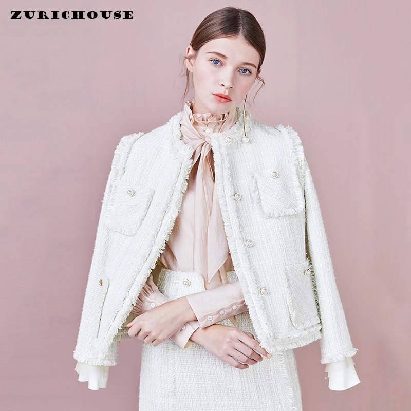

Elegant Weave White Tweed Jacket Coat Women Pearls Button Tassel Outwear 2019 New Arrival Spring Long Sleeve Women Jacket