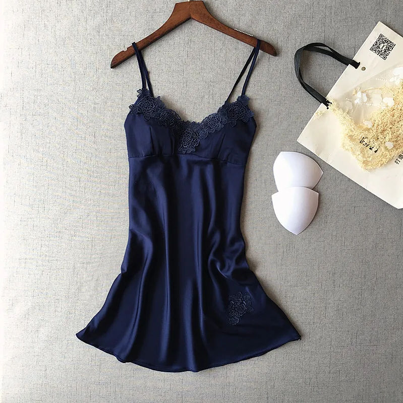 

summer girls satin V collar sleepwear with bra simple design strap nightwears