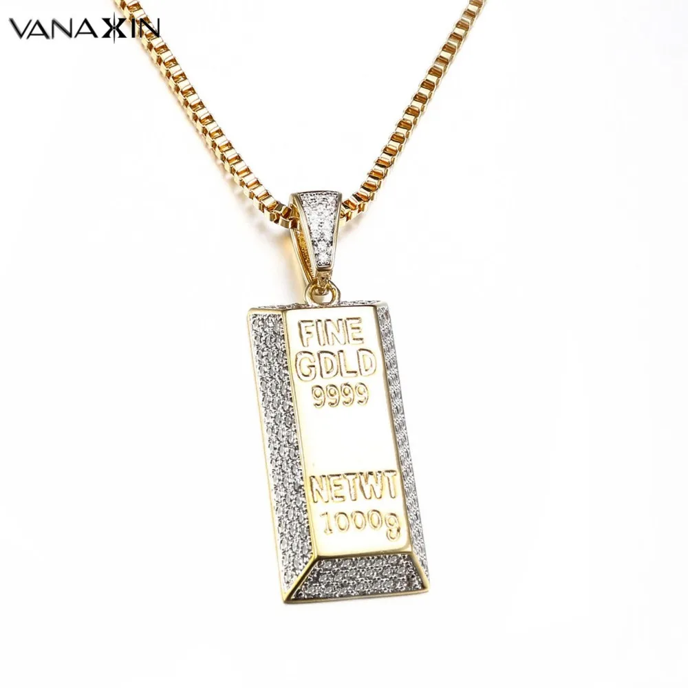 VANAXIN Punk Pendants Gold Cube Bar Necklace&Pendant Hip Hop Jewelry
