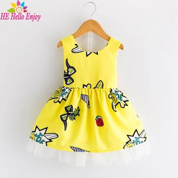 

HE Hello Enjoy Kids Dresses For Girls Summer 2018 Cartoon Sleeveless Graffiti Backless Bow Princess Dress Graduation Party
