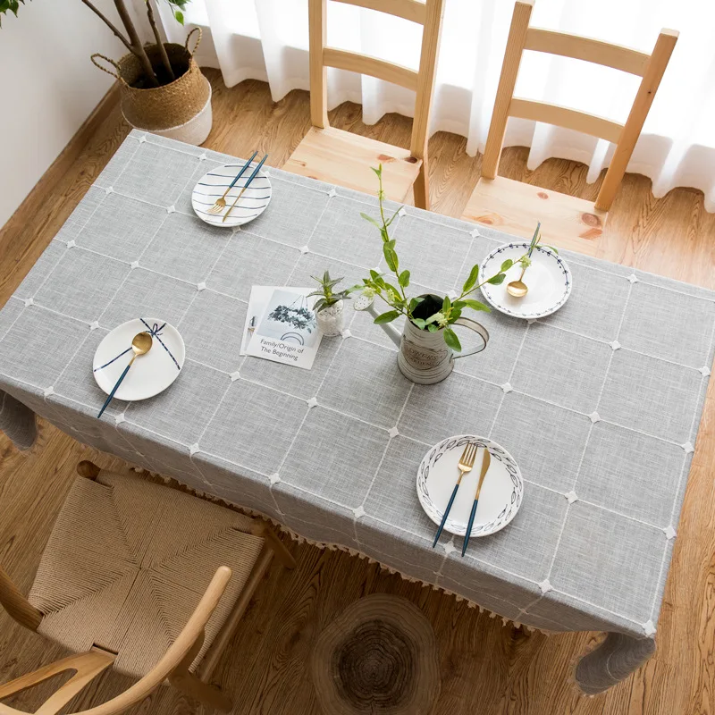 

Tablecloth of square grid embroider, pure color cotton and linen cloth art tassel tea table cushion 60*60cm 90*90cm