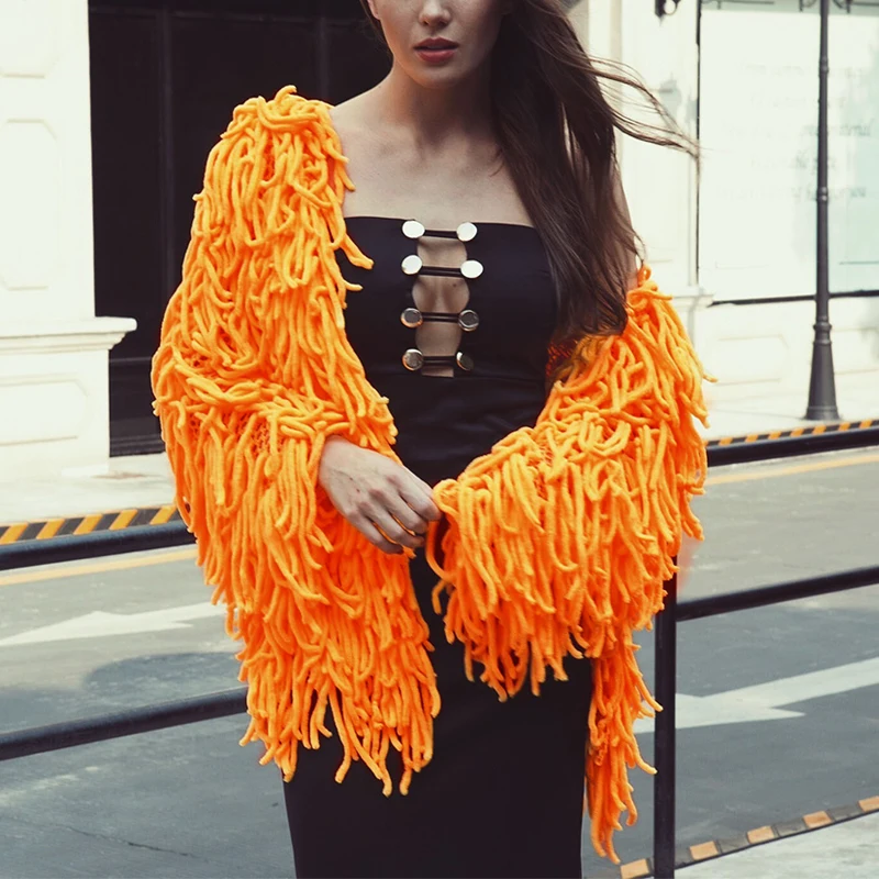 Overcoat Thicken Knitted Chaqueta Streetwear gray Long Autumn Warm Muje6q0241 Outwear Shaggy blue Women white Winter black Sleeve Tassel Fur Coat Orange gAdYwPq