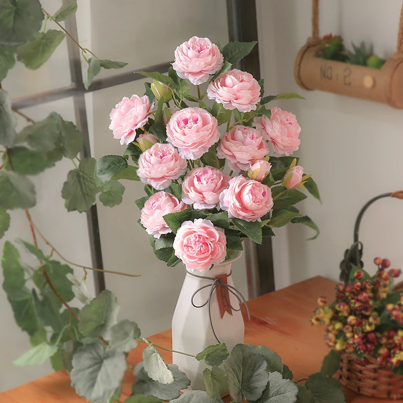 

5 Pieces 3 Head Peoney Artificial Flowers Rose Silk Dried Flower Wedding Centerpieces Decor for Home Table