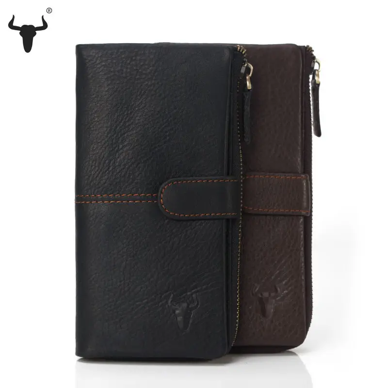 High Quality Genuine Leather Organizer Wallets Men Women Cowhide Real Leather Long Leather Zipper Coin Bag Card Travel Purse