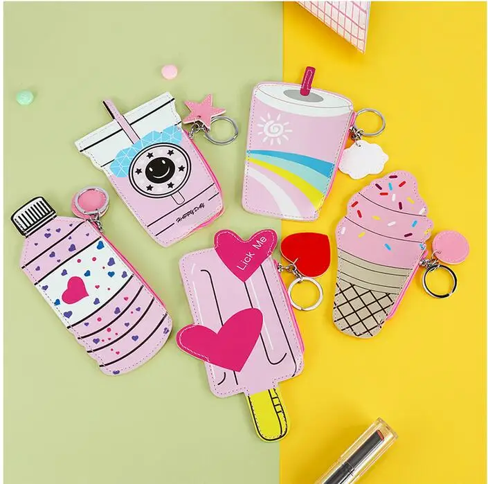 

200pcs/lot Ice Cream Women Wallet Character Leather Coin Purse Cute Bottle,Cup Money Pouch Mini Wallet Woman Fantasy carteras