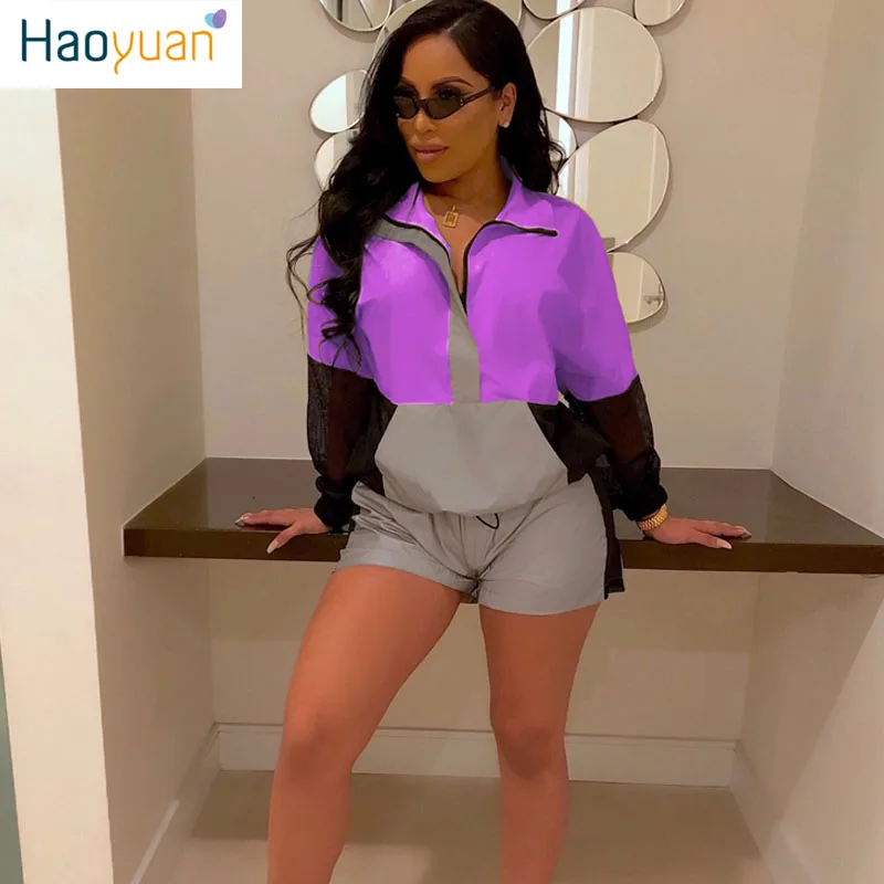 

HAOYUAN Reflective Two Piece Set Women Tracksuit Mesh Long Sleeve Top+biker Shorts Sweat Suit 2 Pcs Festival Sexy Club Outfits