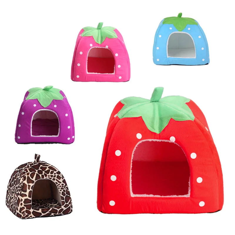 

Winter Warm Foldable Leopard Strawberry Dog House For Small Dogs Bed Animal Cave Kennel Nest Guinea Pig Puppy Cat Pet Supplies