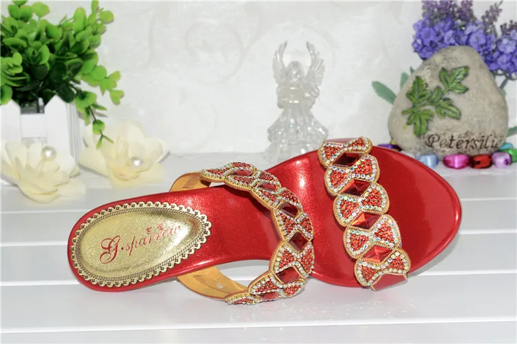 2017 Summer Womens Shoes High-heeled Slippers Sexy Sweet Diamonds Sandals Female Red 6cm-10