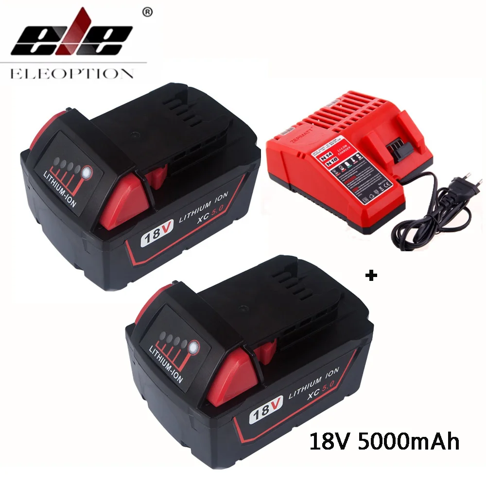 

ELEOPTION 2PCS 5000mAh 18V Li-Ion Replacement Battery for Milwaukee for M18 XC 48-11-1815 M18B2 M18B4 M18BX M18BX With Charger