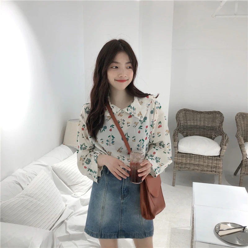 

Floral print thin korean tunic women blouse Peter pan Collar long sleeve 2019 new summer chiffon loose transparent school shirt