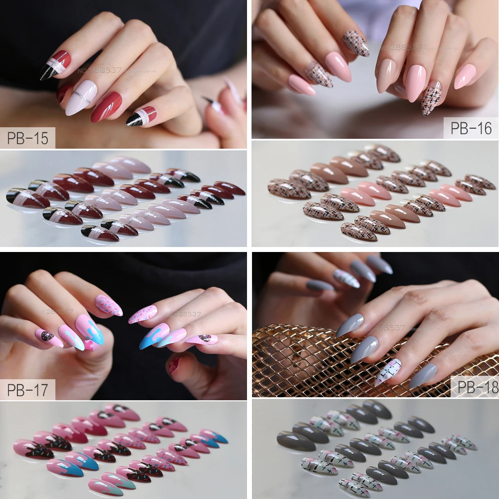 スティレットスタイルの偽のネイル 24個 偽のネイル 黒 緑 グラデーション 紫 光沢 白 灰色 クール ステッカー付き 青 ピンク 付け爪 Aliexpress 24pcsネイルハロー染色デザインスイートスタイルフルカバーで長押し Cosmetic Solutions Ru