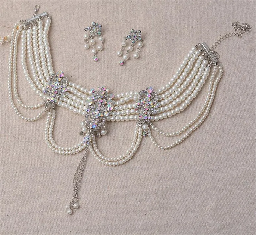 Европейский Стиль Свадебные/Женщины Многослойные жемчужным ожерельем винтажные хрустальные цветы серьги-капли набор для свадебных украшений аксессуары