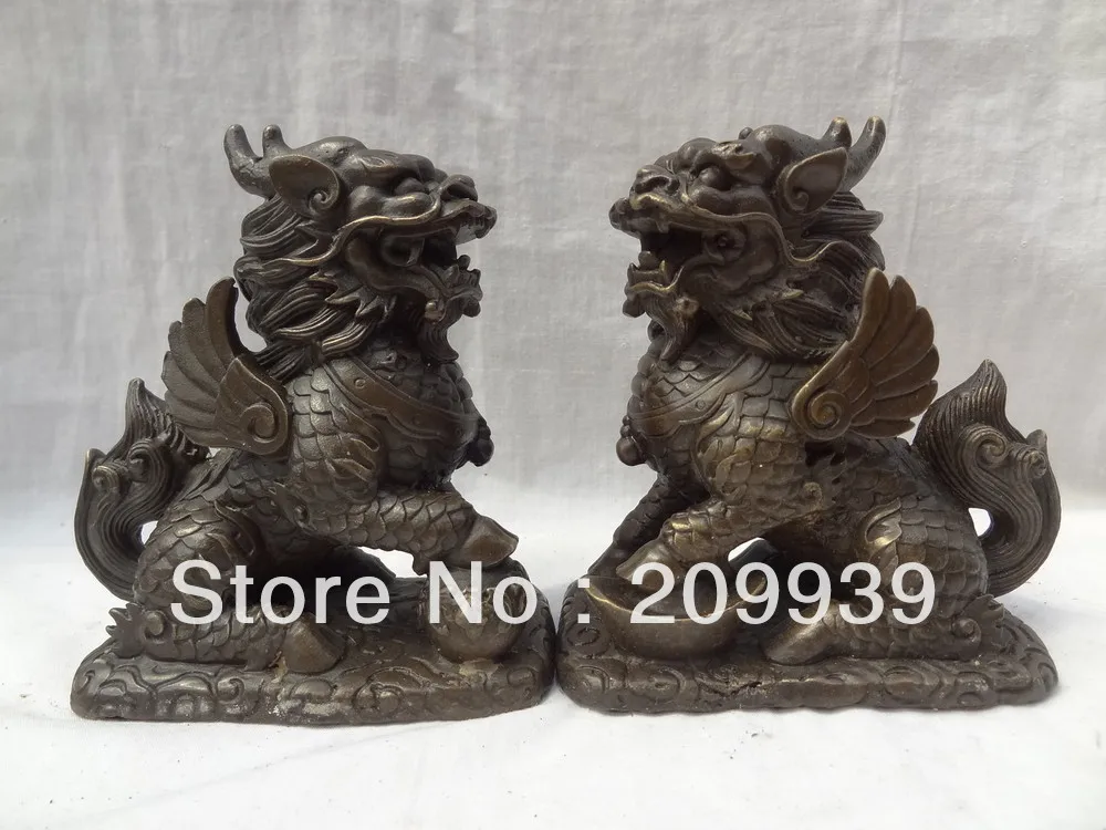 

00808 Chinese Pure Bronze JiXiang YuanBao FengShui BiXie Fly Dragon Kylin Statue Pair