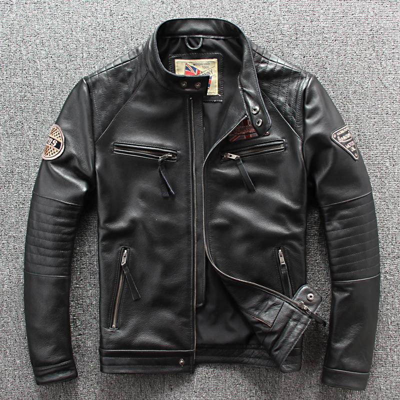 Мужская куртка из натуральной кожи, мотоциклетная куртка для мужчин. Черная тонкая куртка из бычьей кожи. Распродажа бренда размера плюс