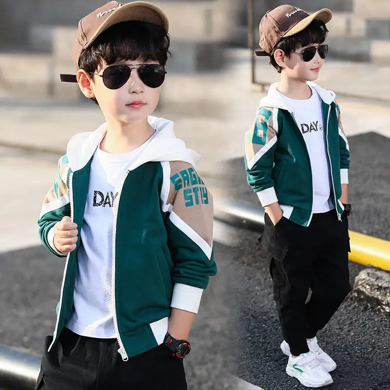 INS/Лидер продаж, куртки для мальчиков весенне-осенняя куртка в Корейском стиле для детей возрастом от 4 до 13 лет Тренч для мальчиков пальто с контрастной прострочкой и буквенным принтом - Цвет: green