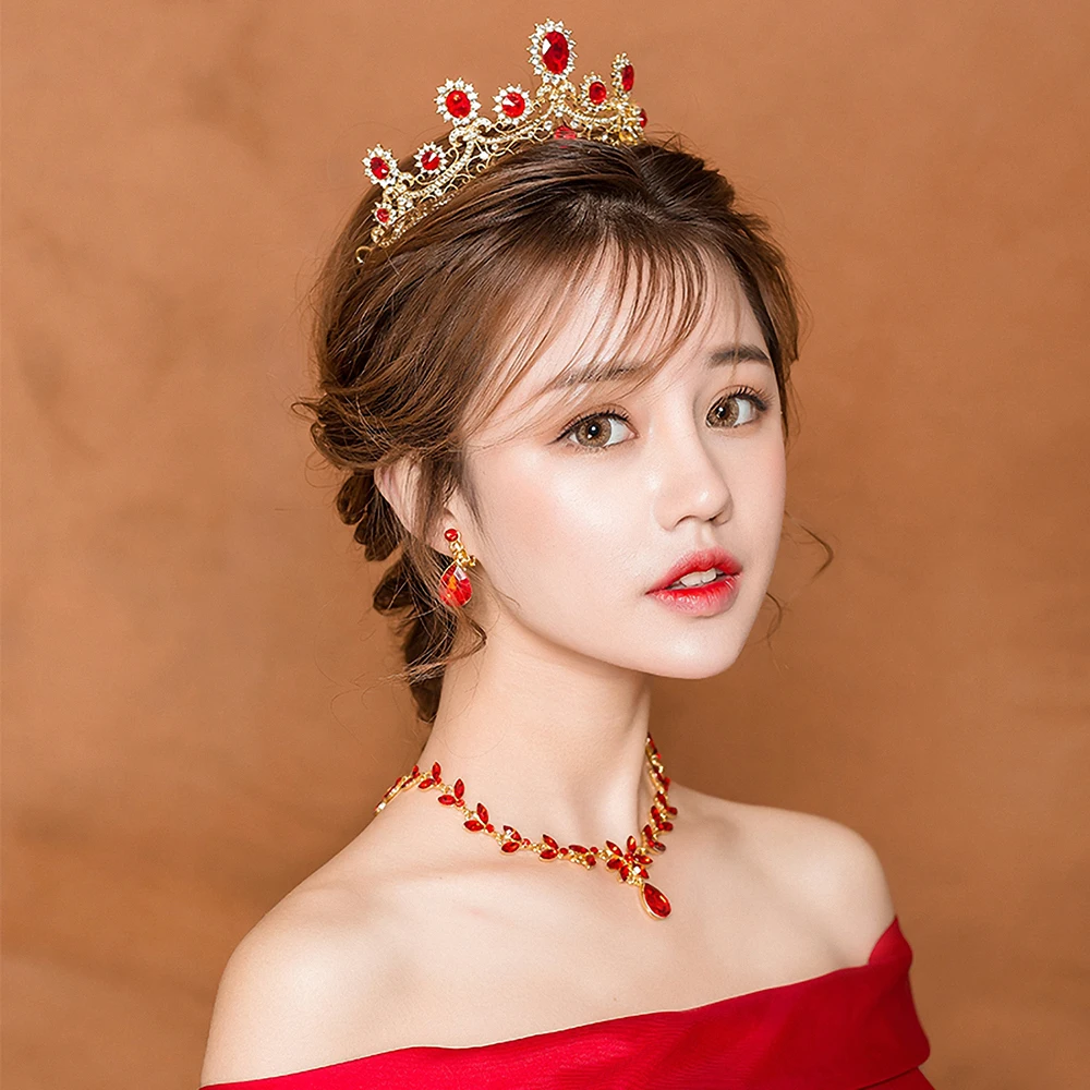 

3pcs/set Wedding Jewelry Set Retro Red Rhinestone Queen Tiara Bridal Necklace Earrings Jewellery Women Evening Party Headbands