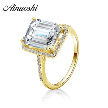 

AINUOSHI 14K Solid Yellow Gold Rectangle Halo Ring 4ct Emerald Cut Luxury Big Stone Women Wedding Band Real Gold Engagement Ring