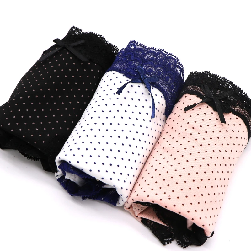 1 Pieces Briefs Cure Dot Lace Striped Female Lingerie Low Waist Cotton Black Pink New Soft High Quality Underwear Woman Panties