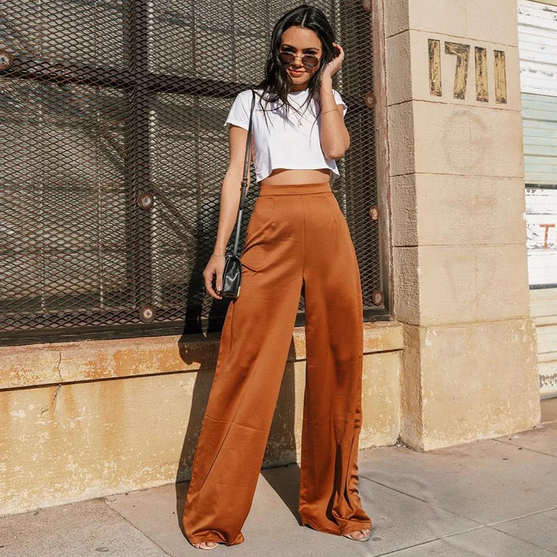 

Fashion streetwear high waist satin pants Women side zipper loose palazzo pants wide pants for women Summer culottes pants