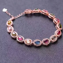 Природный многоцветный Браслет Турмалин природный драгоценный браслет 925 Серебряный браслет Роскошный Классический Круглый Женщины Подарок Ювелирные
