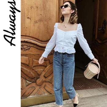 

Always white button up eyelet sexy cotton blouse women summer tops ruffle square neck smocked top streetwear