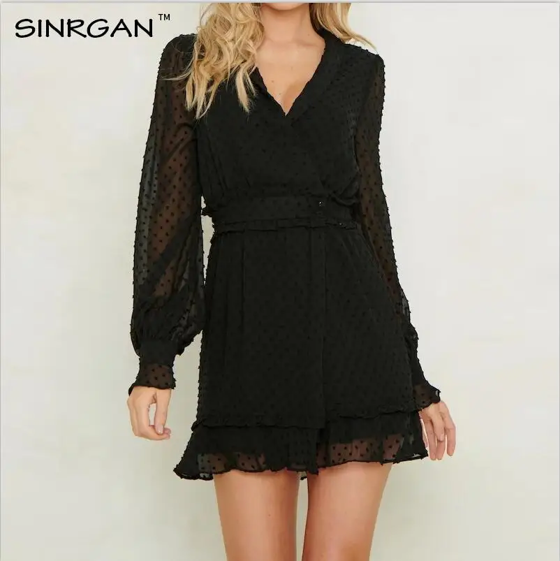 SINRGAN Черное v-образным вырезом сексуальное женское платье с длинным рукавом винтажное весеннее платье vestidos элегентный кружевное платье в горошек шнуровка платье - Цвет: black