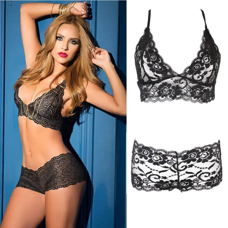 Womens Sexy Black Lace vest Brassiere Push Up Padded pajama Panty Set