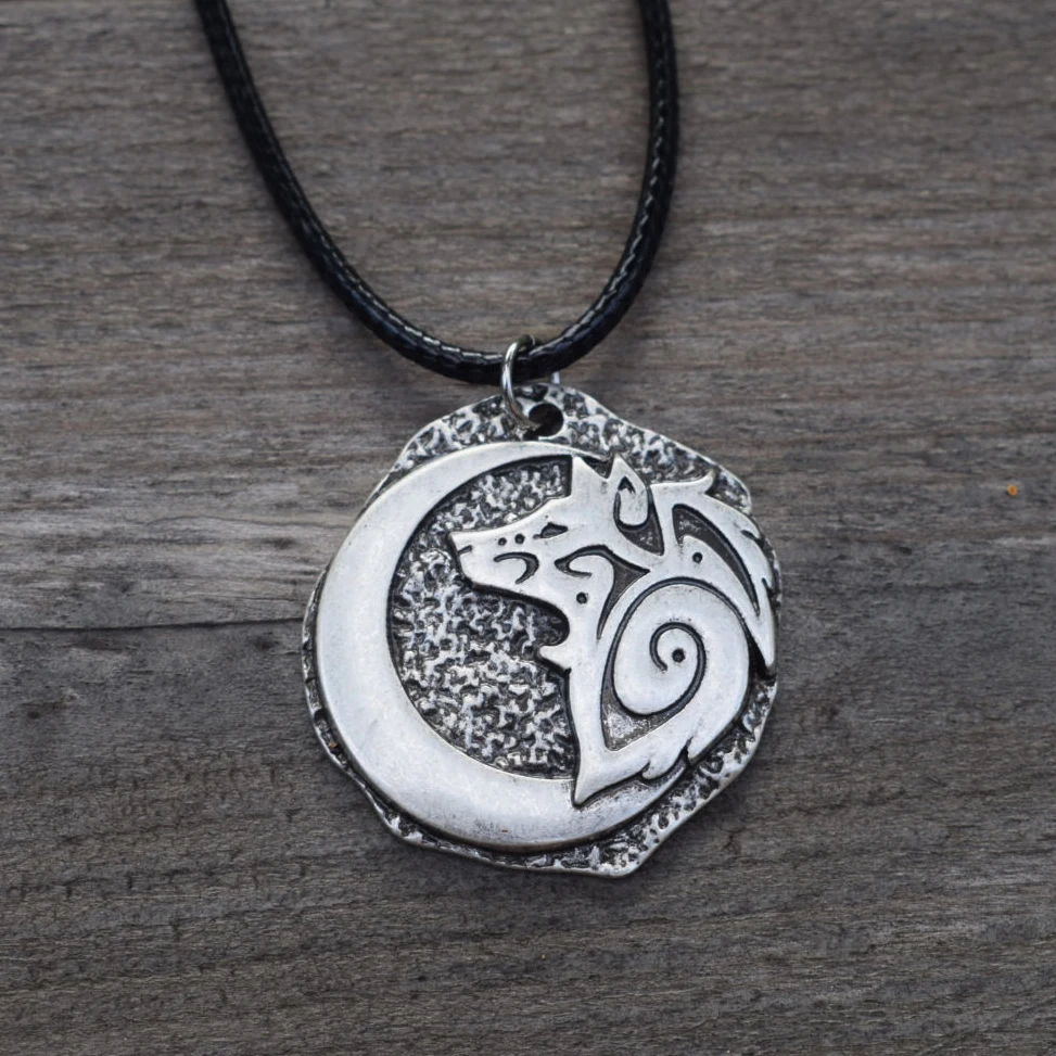 

young wolf and moon pendant necklace norse animal pendants sanlan jewelry