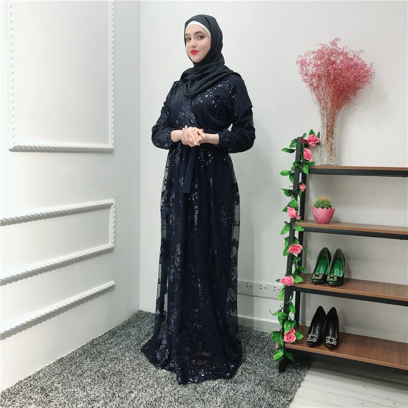 Рамадан блесток кружевная Абая Дубай, Турция Ислам Мусульманский хиджаб платье Кафтан Абая для женщин джилбаб кафтан одежда Qatar Elbise Robe - Цвет: Dark blue with hijab