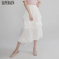 SuperAen 2019 летние новые гофрированные Женские однотонные юбки Дикие повседневные женские юбки асимметричные юбки с эластичной талией женские