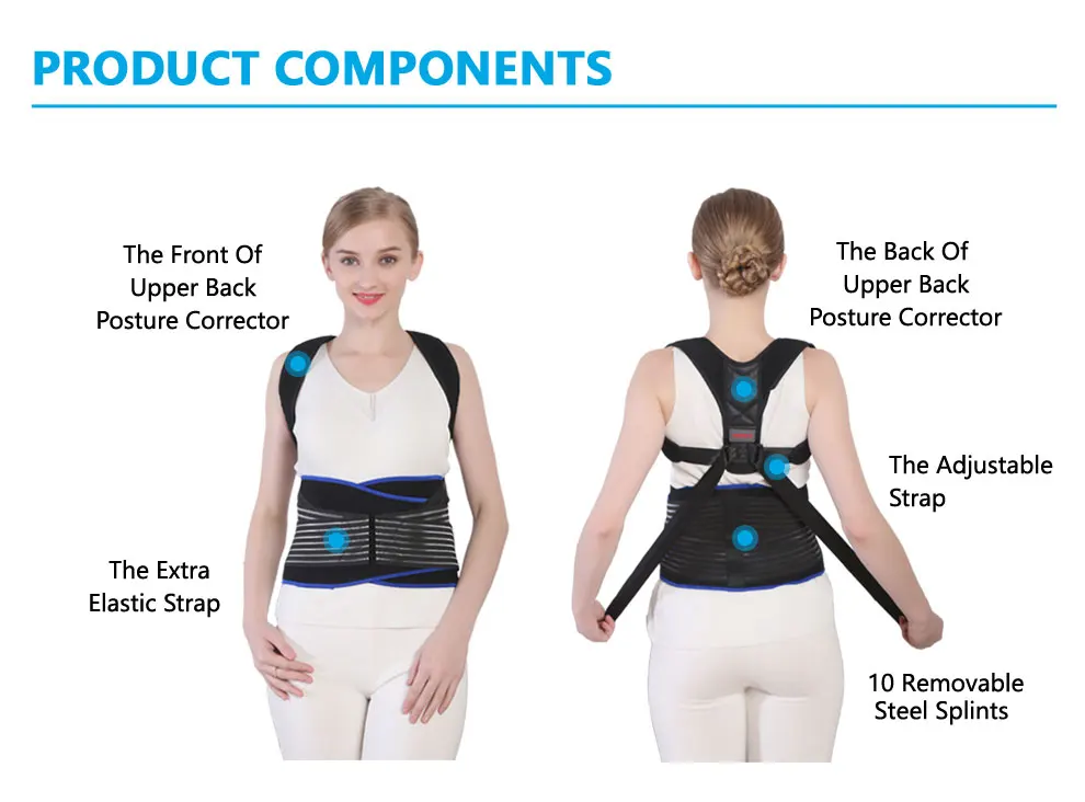 Udoarts Ajustável Back Support Posture Corrector Brace Com Talas de Aço Removível