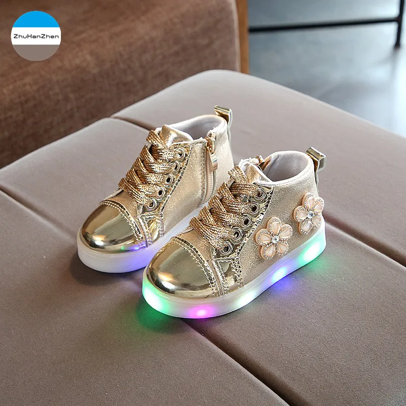 Детская спортивная обувь, модная повседневная обувь для девочек, светодиодный светильник, обувь принцессы с цветами, детские ботинки высокого качества